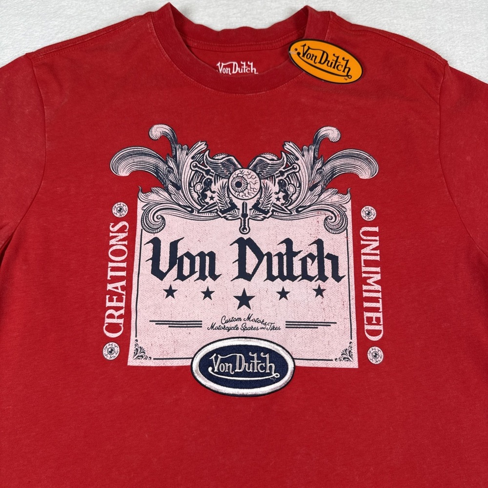 Von Dutch Red Graphic T-Shirt Men's Medium Distressed Wash Logo Tee Y2K NWT